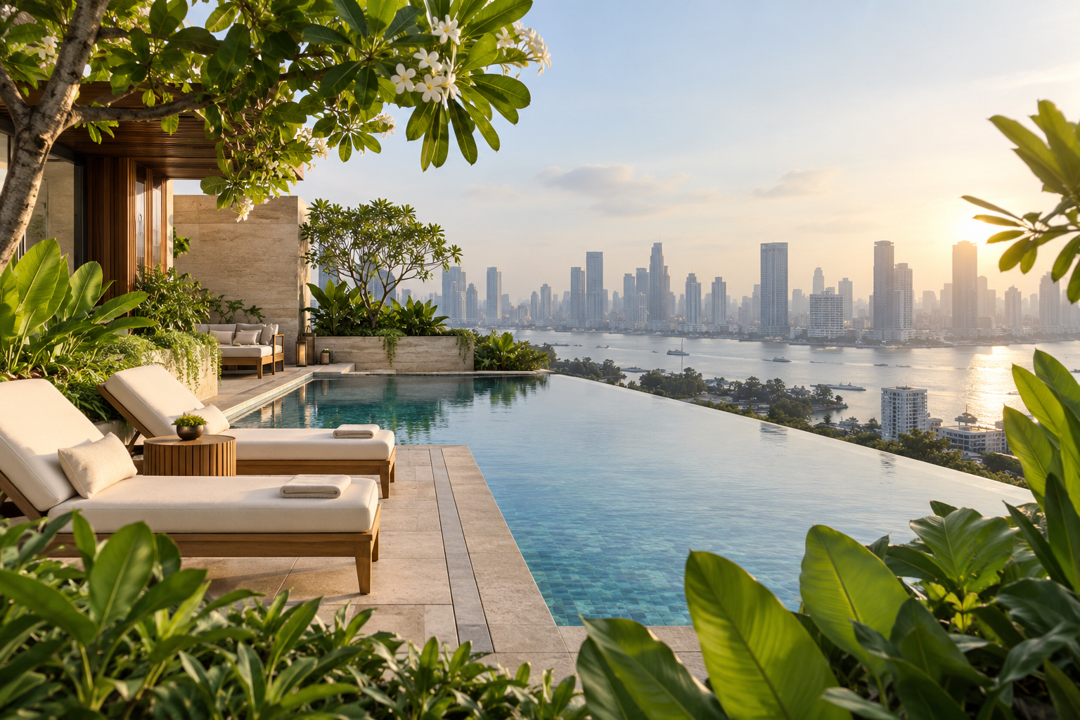 A city hotel rooftop garden with a pool and loungers overlooking a waterfront skyline in morning light; an AI-generated fictional travel scene