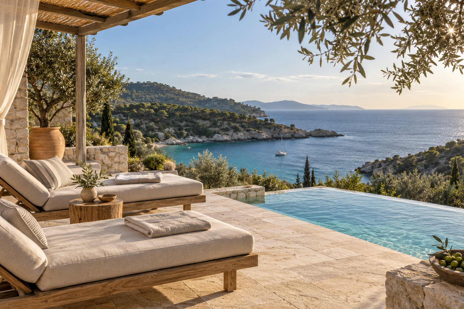 An Aegean-style coastal resort terrace with loungers, an olive tree and a pool overlooking a sheltered bay; an AI-generated fictional holiday scene