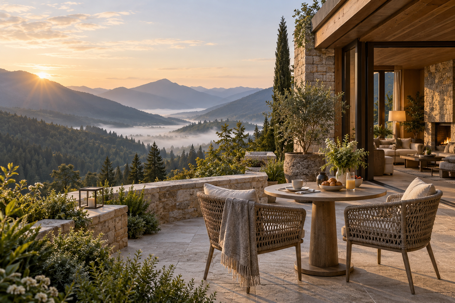 A fictional mountain retreat at sunrise, with a breakfast table and woven chairs on a stone terrace overlooking a misty valley; an AI-generated travel scene