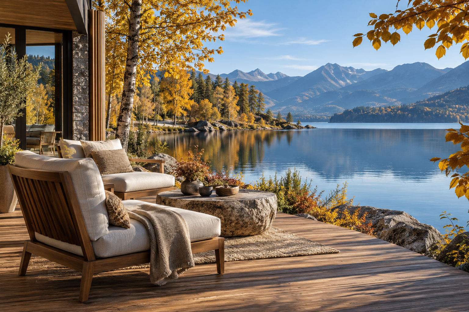 A lakeside resort’s timber terrace and loungers overlooking autumn woodland and mountains; an AI-generated fictional holiday scene